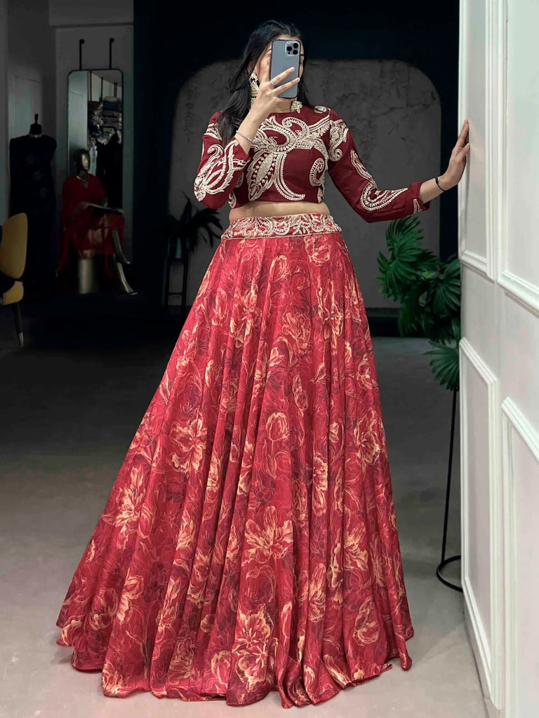Stunning Red Digital Printed Silk Wedding Wear Crop Top Lehenga