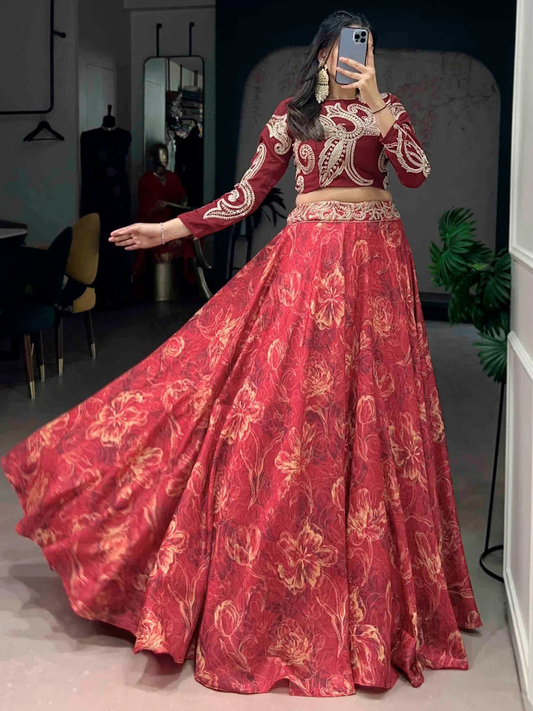 Stunning Red Digital Printed Silk Wedding Wear Crop Top Lehenga