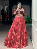 Stunning Red Digital Printed Silk Wedding Wear Crop Top Lehenga