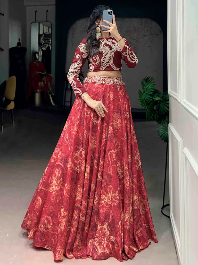 Stunning Red Digital Printed Silk Wedding Wear Crop Top Lehenga