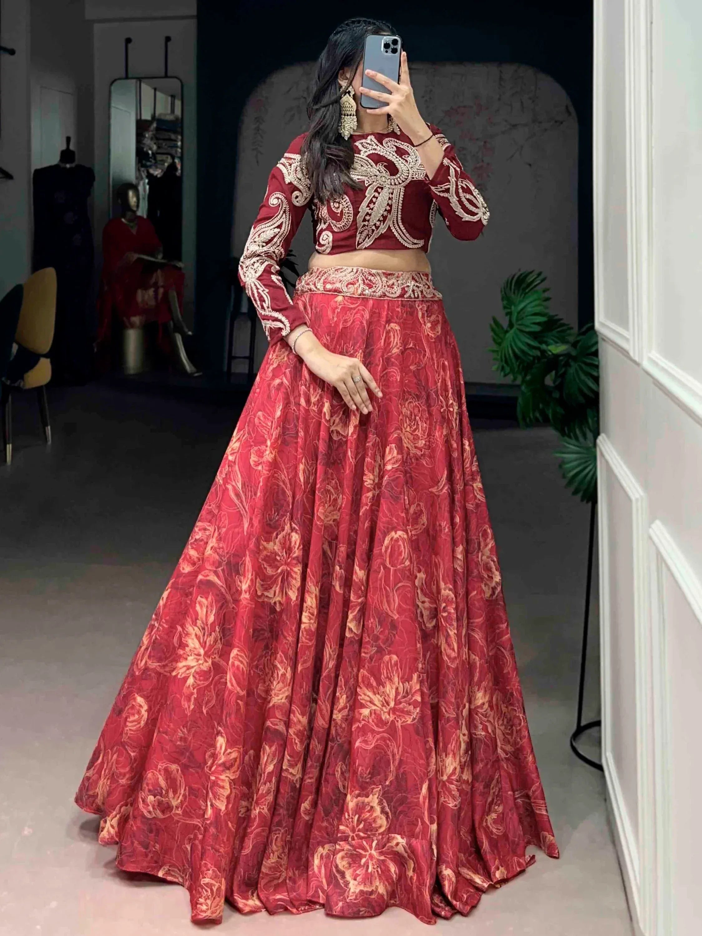 Stunning Red Digital Printed Silk Wedding Wear Crop Top Lehenga