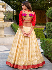 Majestic Cream Zari Weaving Silk Festival Wear Lehenga Choli With Koti