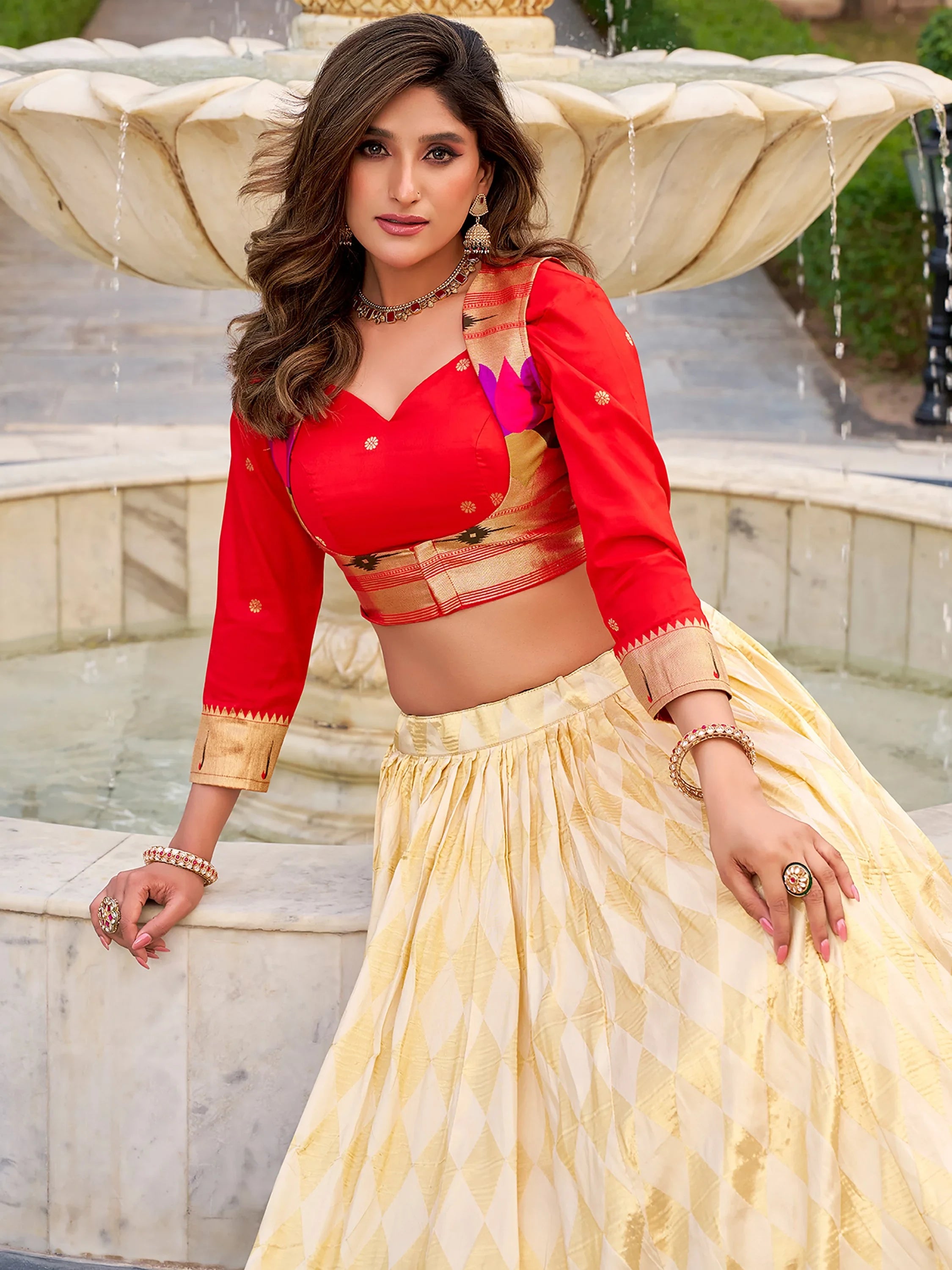 Majestic Cream Zari Weaving Silk Festival Wear Lehenga Choli With Koti