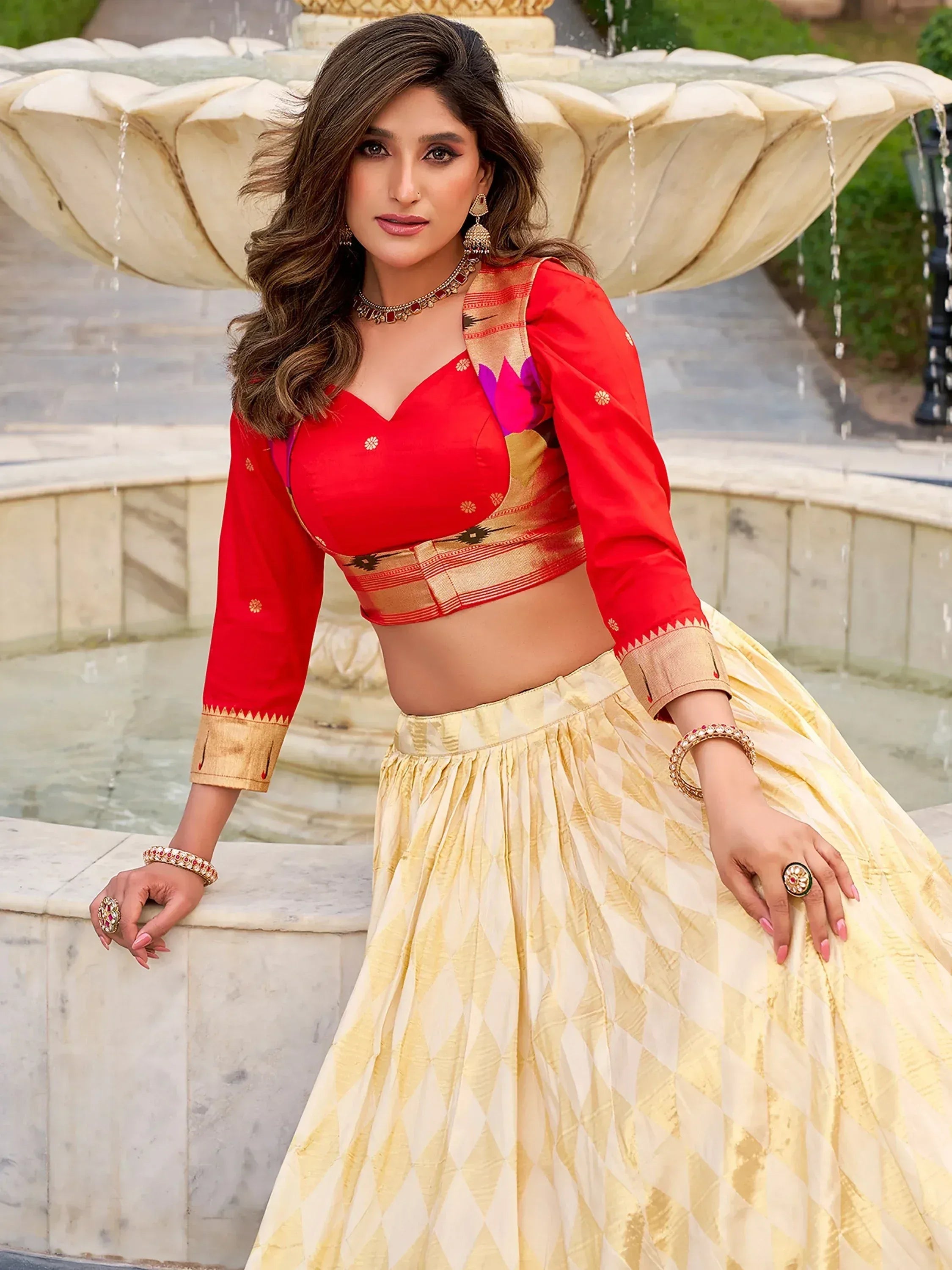 Majestic Cream Zari Weaving Silk Festival Wear Lehenga Choli With Koti