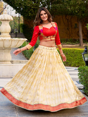 Majestic Cream Zari Weaving Silk Festival Wear Lehenga Choli With Koti