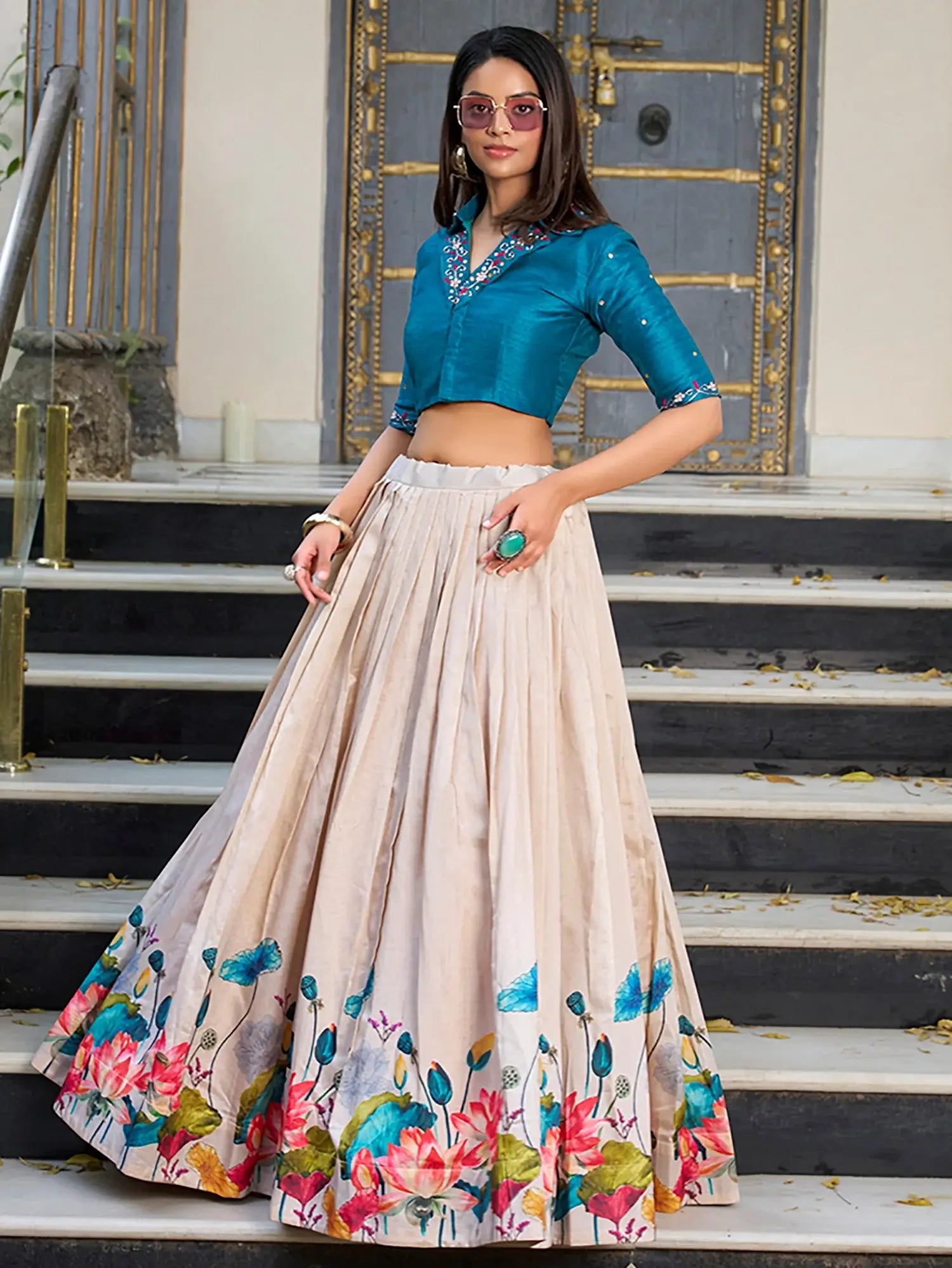 Incredible Cream Floral Printed Silk Festival Wear Crop Top Lehenga 