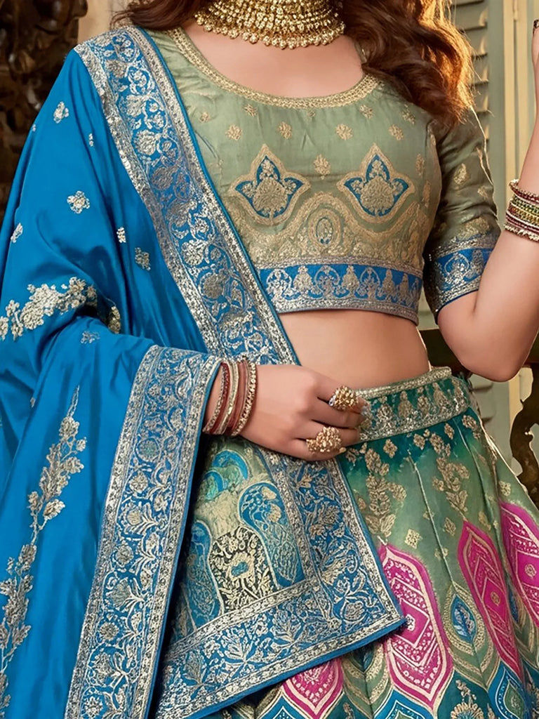 Glamorous Blue Zari Weaving Silk Wedding Wear Lehenga Choli