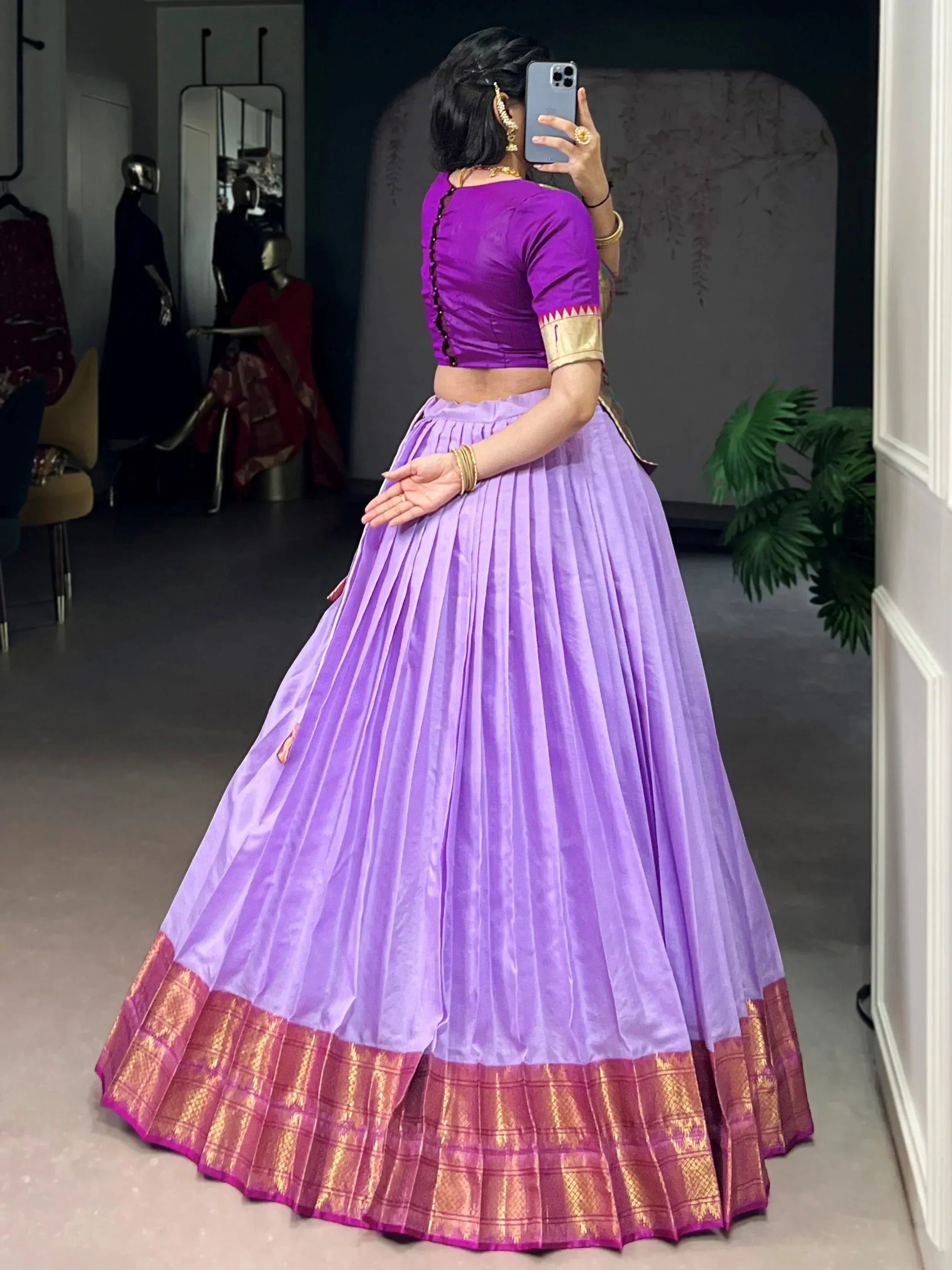 Enchanting Lavender Zari Weaving Silk Festive Wear Crop Top Lehenga 