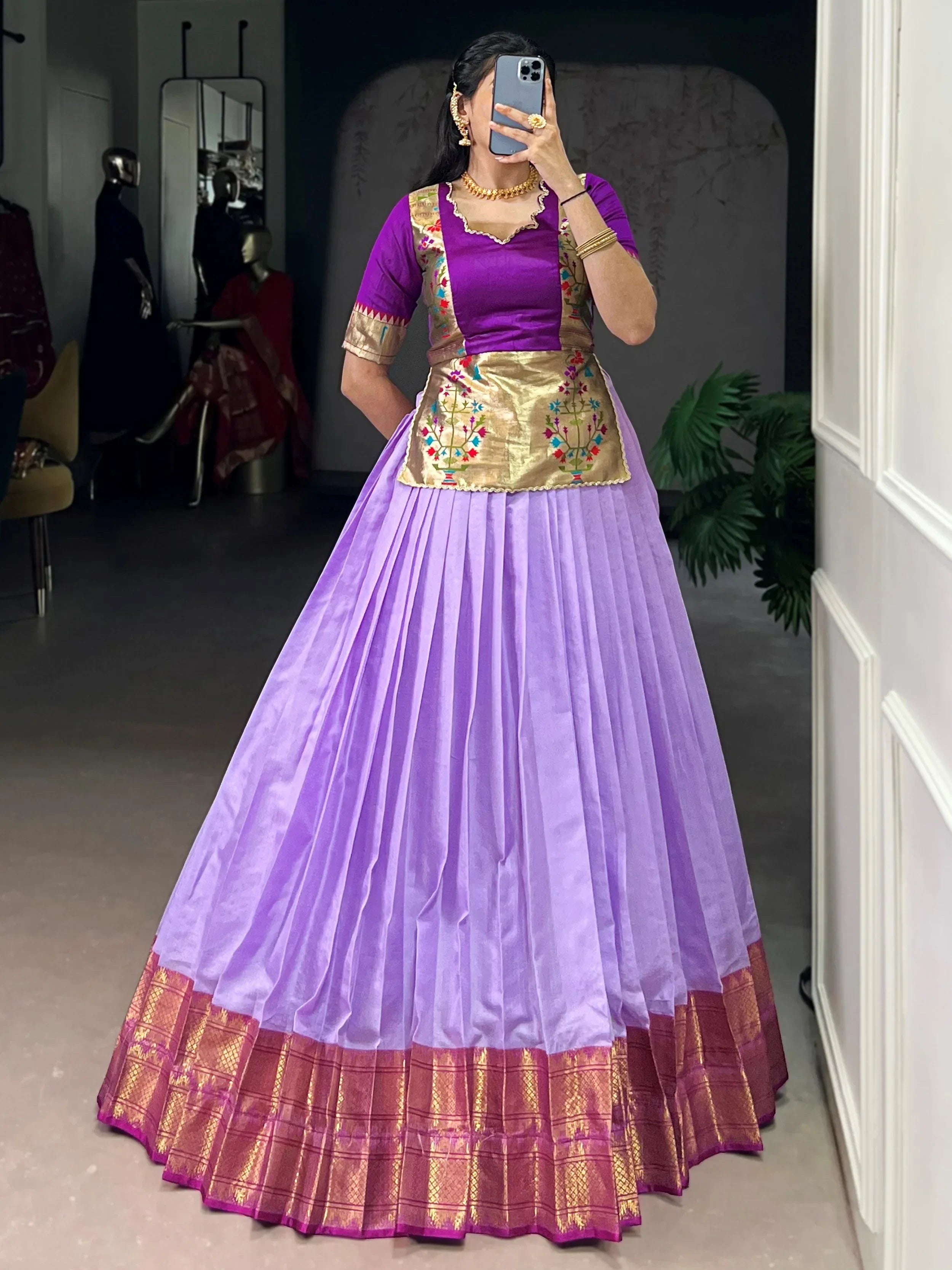 Enchanting Lavender Zari Weaving Silk Festive Wear Crop Top Lehenga 