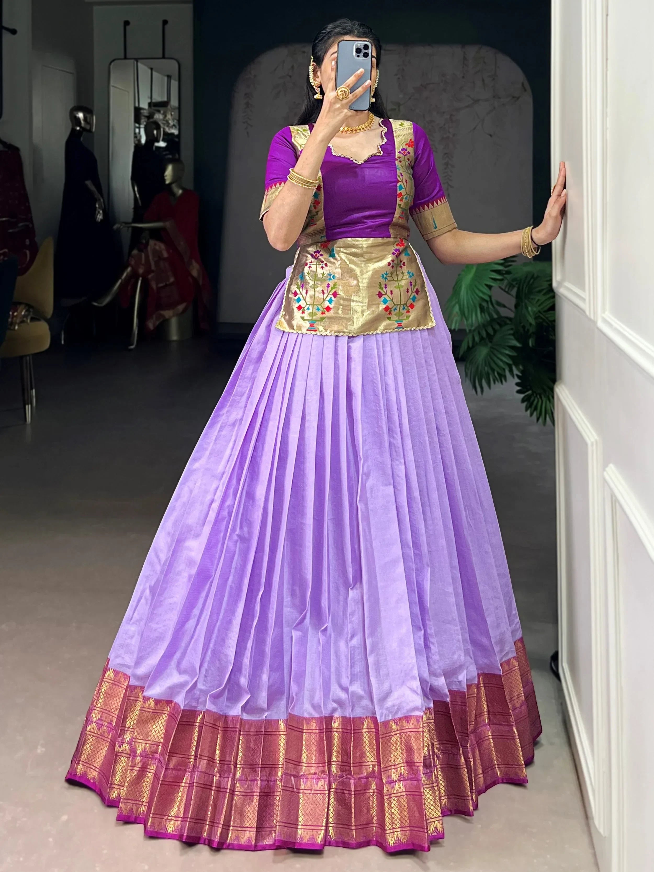 Enchanting Lavender Zari Weaving Silk Festive Wear Crop Top Lehenga 