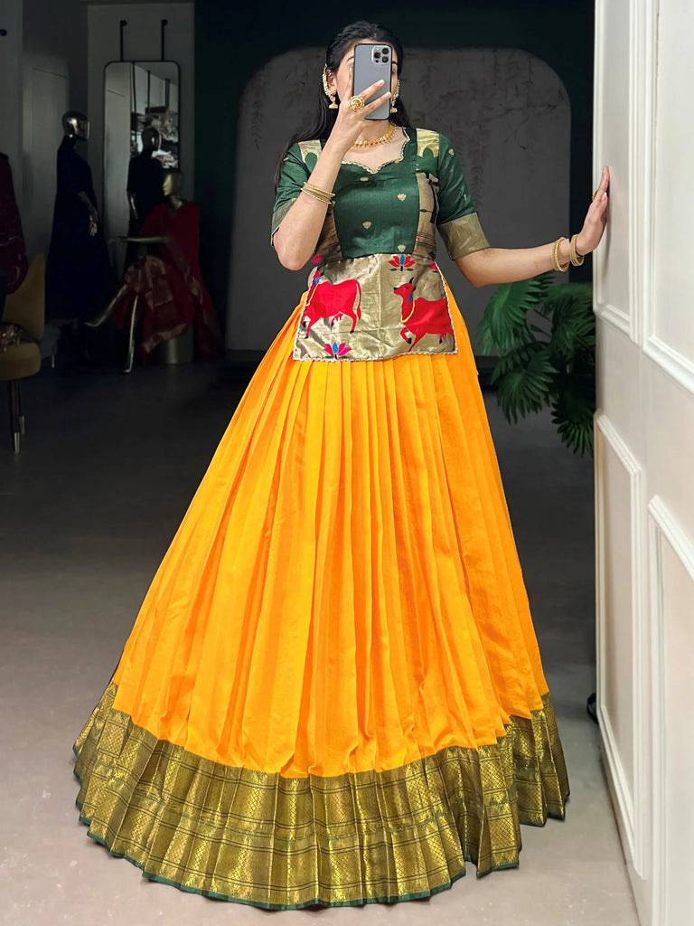 Precious Yellow Zari Weaving Silk Function Wear Crop Top Lehenga 