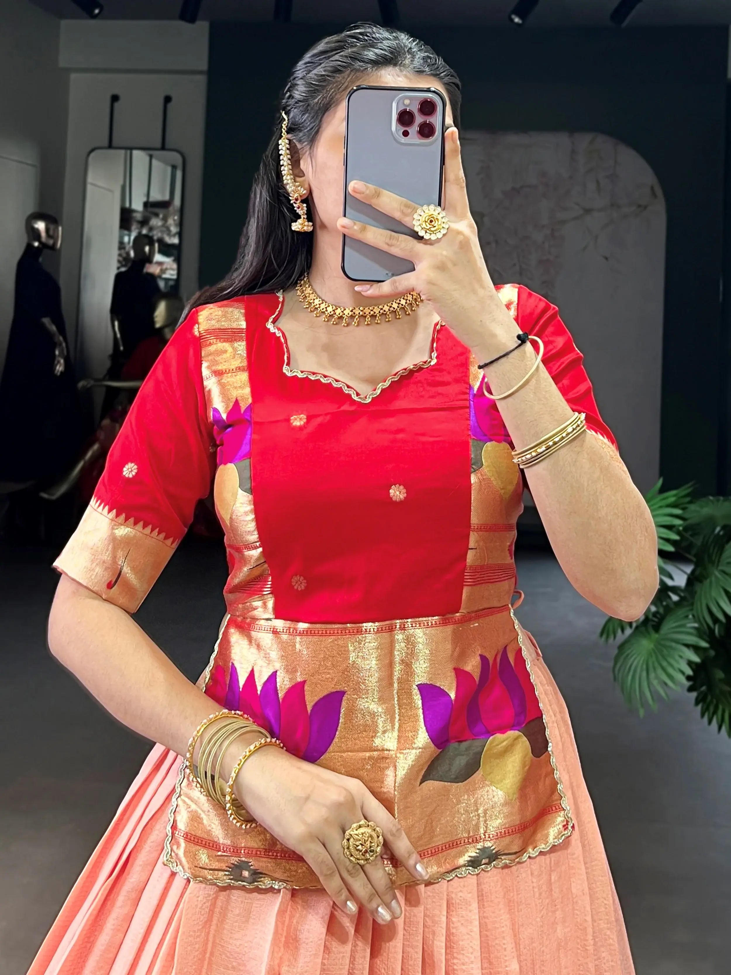 Classic Peach Zari Weaving Silk Festive Wear Crop Top Lehenga 