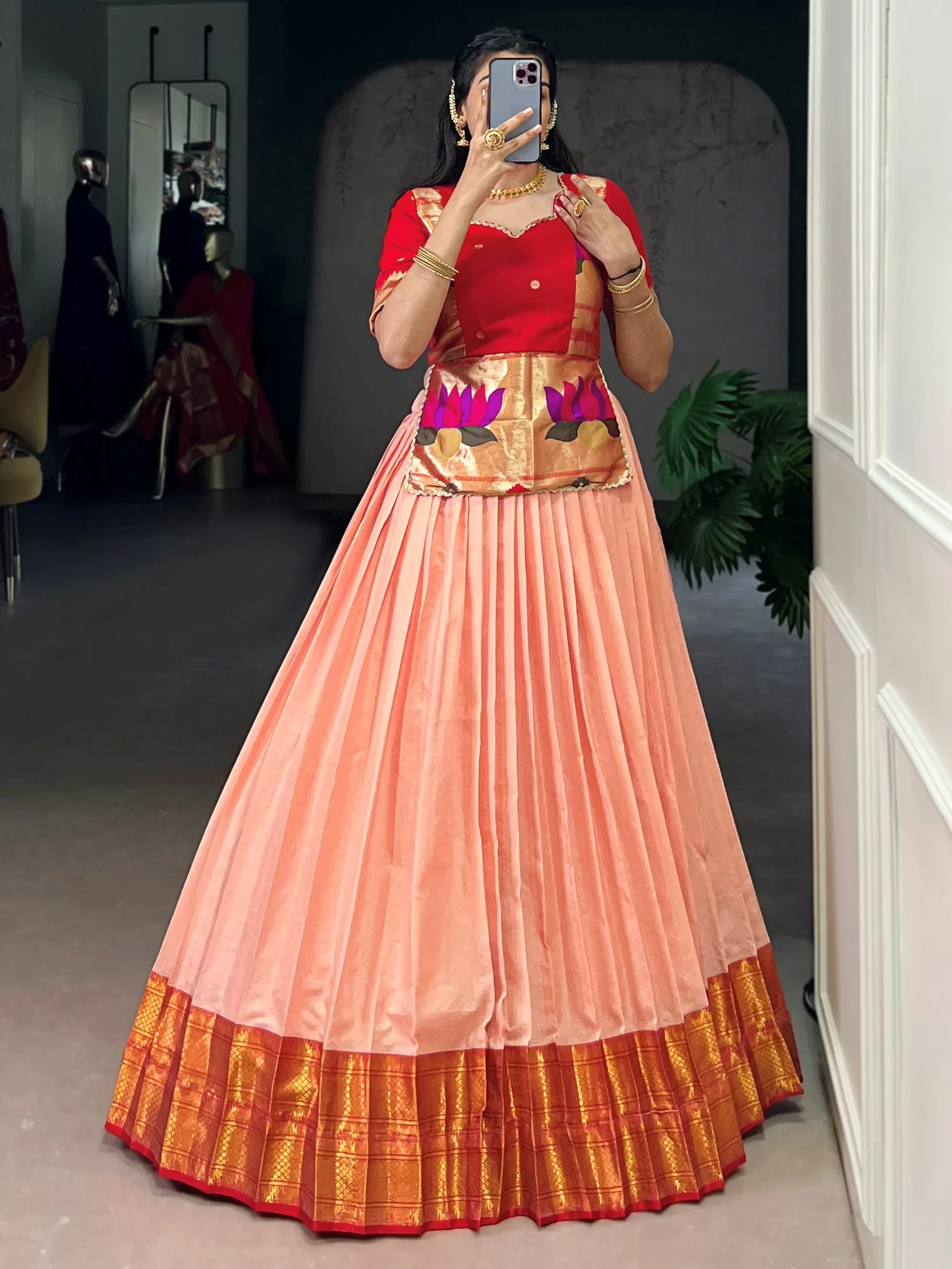 Classic Peach Zari Weaving Silk Festive Wear Crop Top Lehenga 