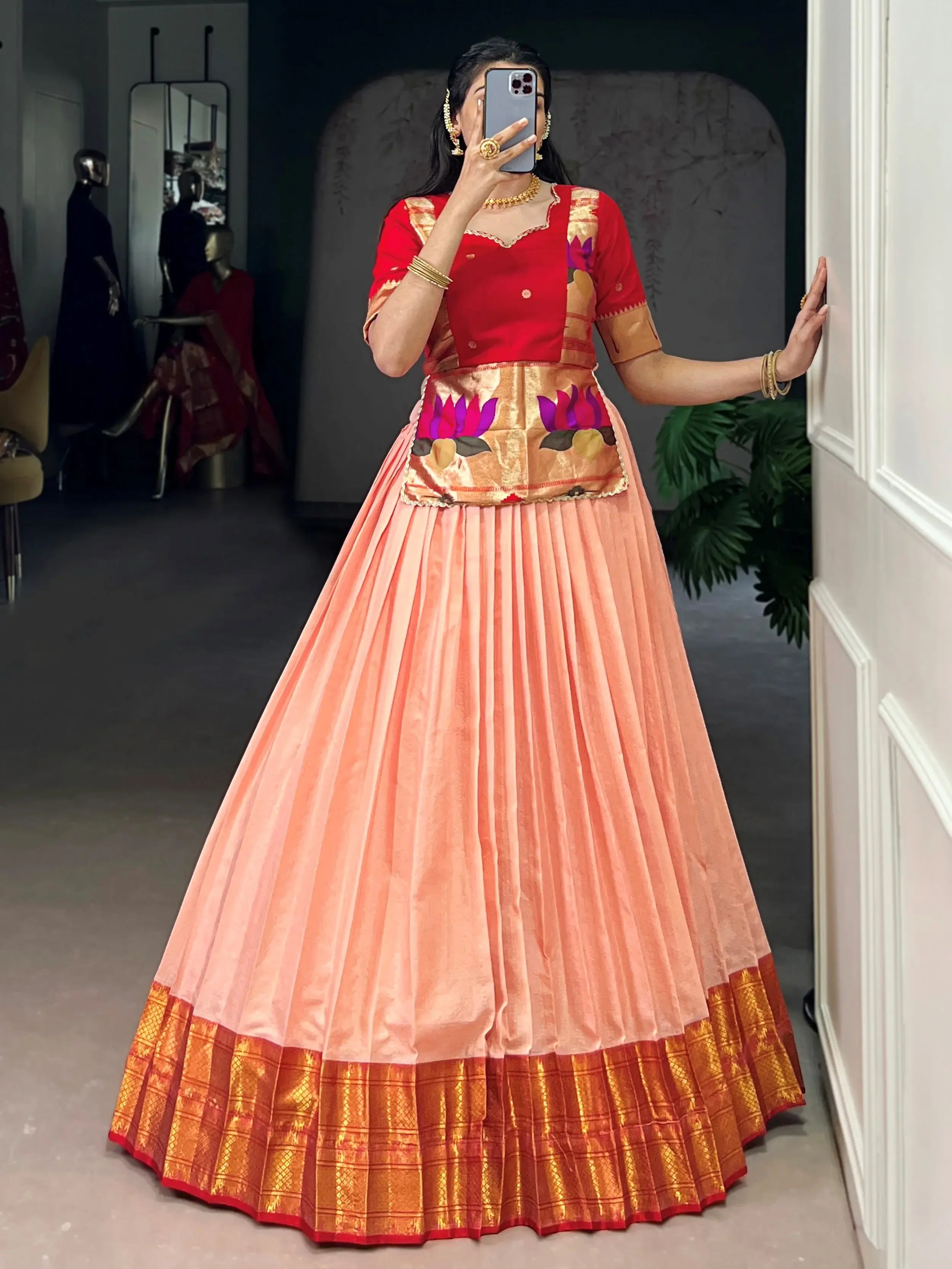 Classic Peach Zari Weaving Silk Festive Wear Crop Top Lehenga 