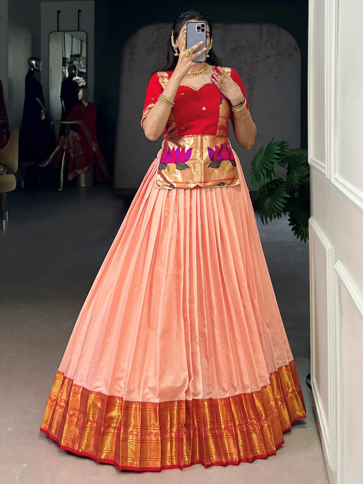 Classic Peach Zari Weaving Silk Festive Wear Crop Top Lehenga 