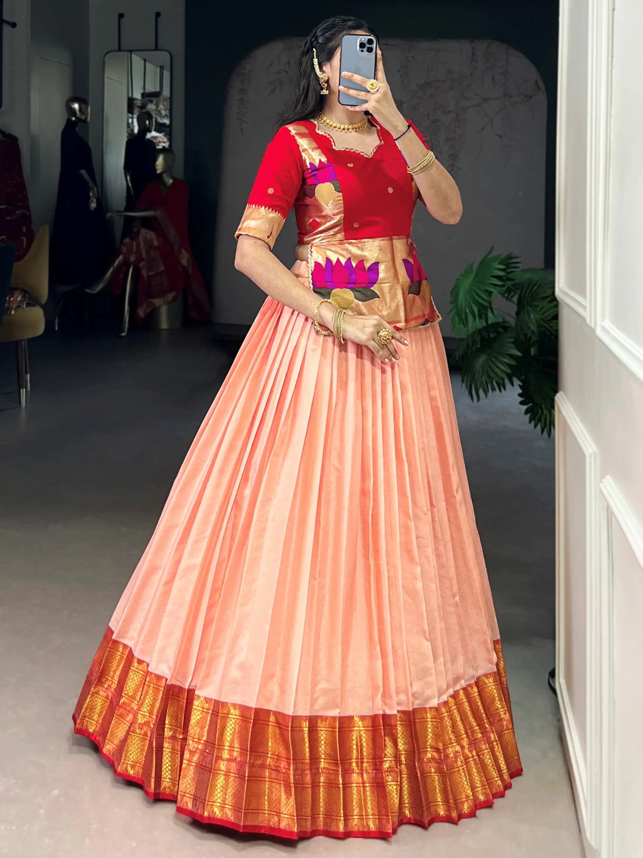 Classic Peach Zari Weaving Silk Festive Wear Crop Top Lehenga 