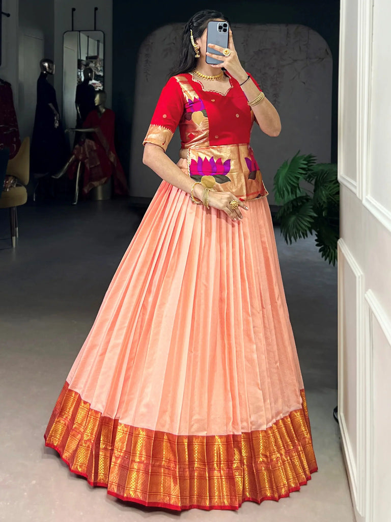 Classic Peach Zari Weaving Silk Festive Wear Crop Top Lehenga 