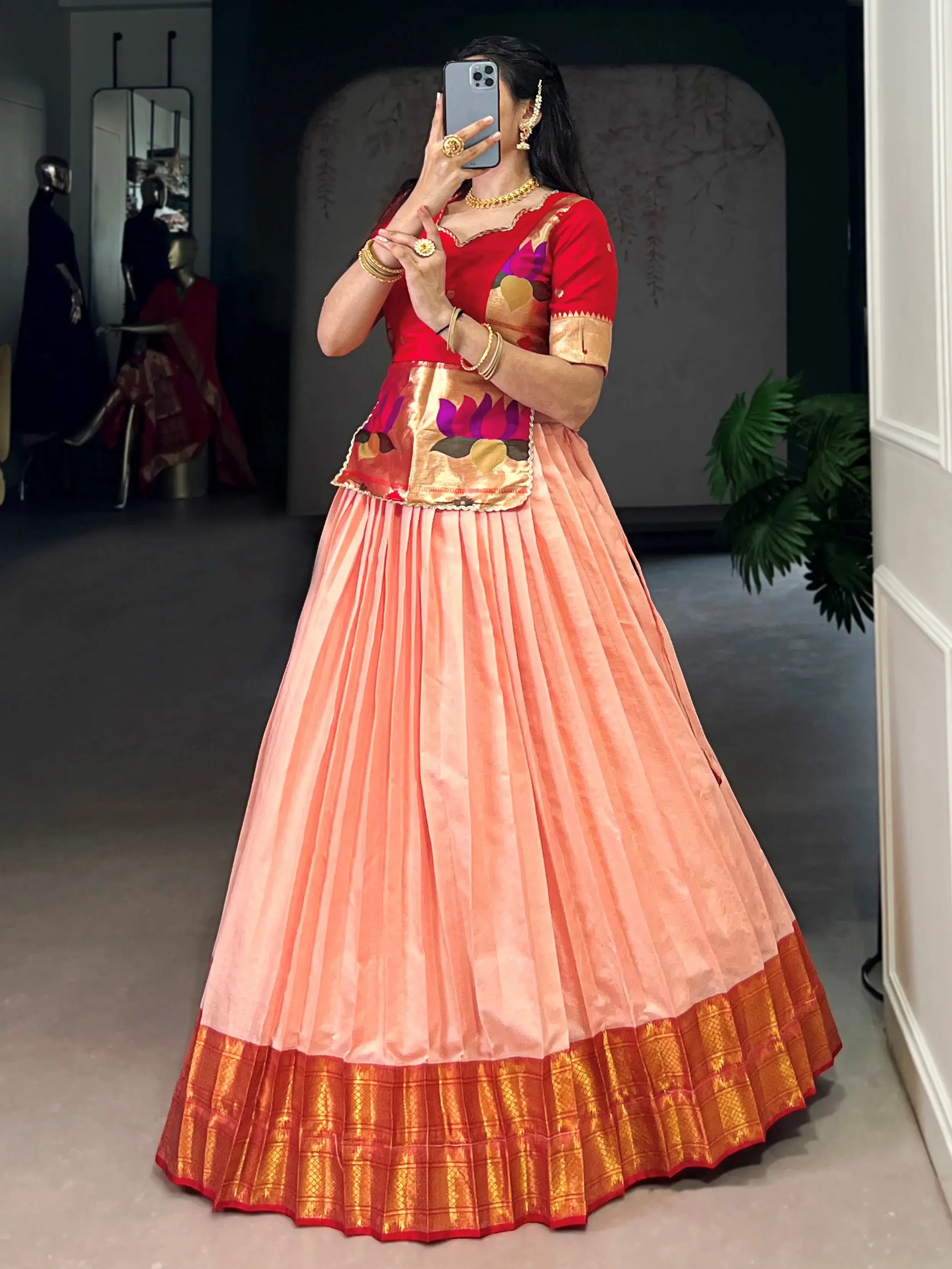 Classic Peach Zari Weaving Silk Festive Wear Crop Top Lehenga 