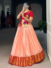 Classic Peach Zari Weaving Silk Festive Wear Crop Top Lehenga 