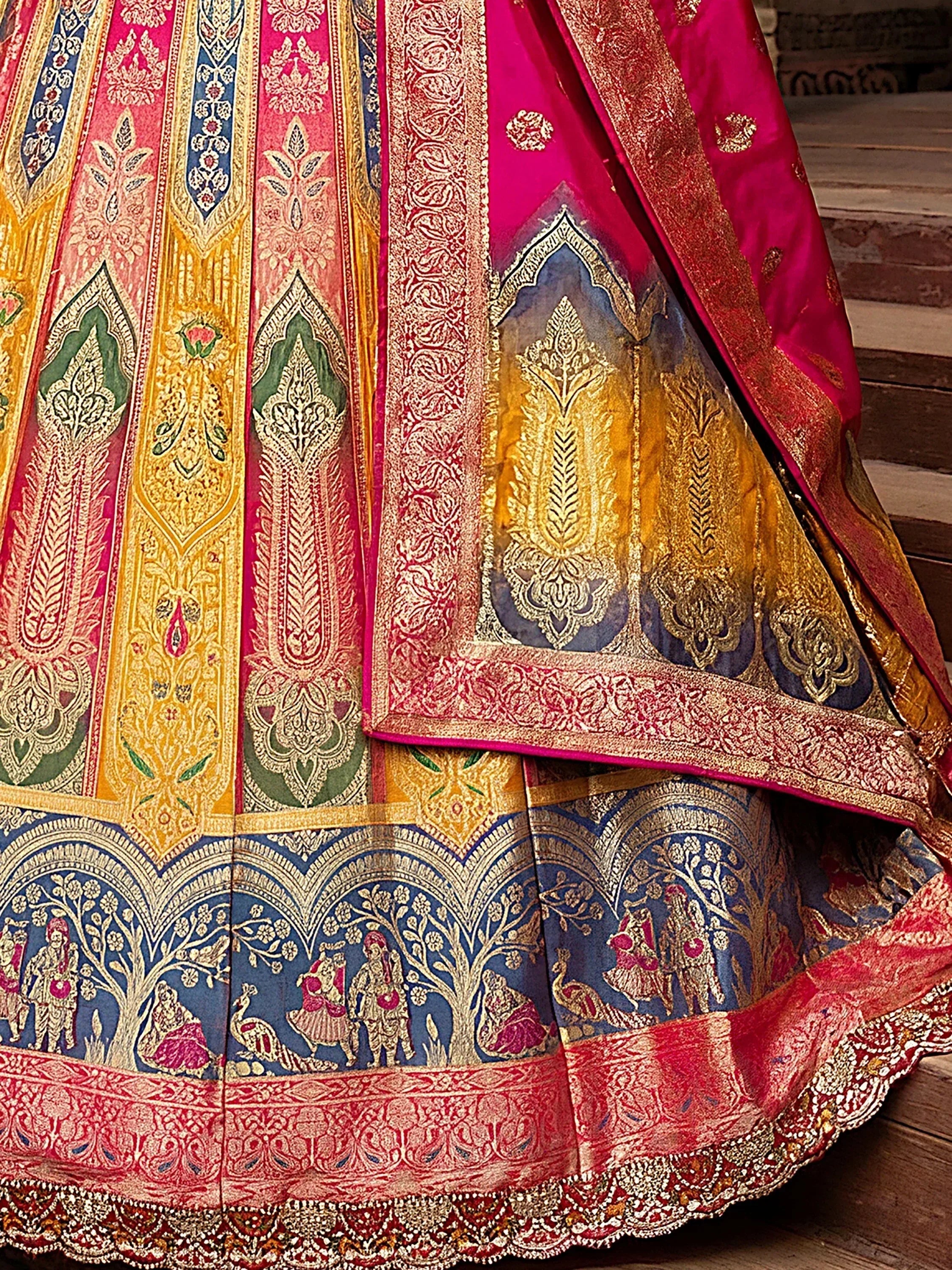 Majestic Multi Colour Zari Weaving Silk Sangeet Wear Lehenga Choli