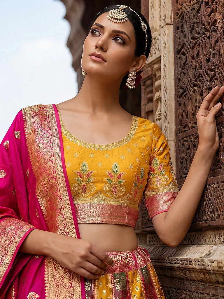 Majestic Multi Colour Zari Weaving Silk Sangeet Wear Lehenga Choli