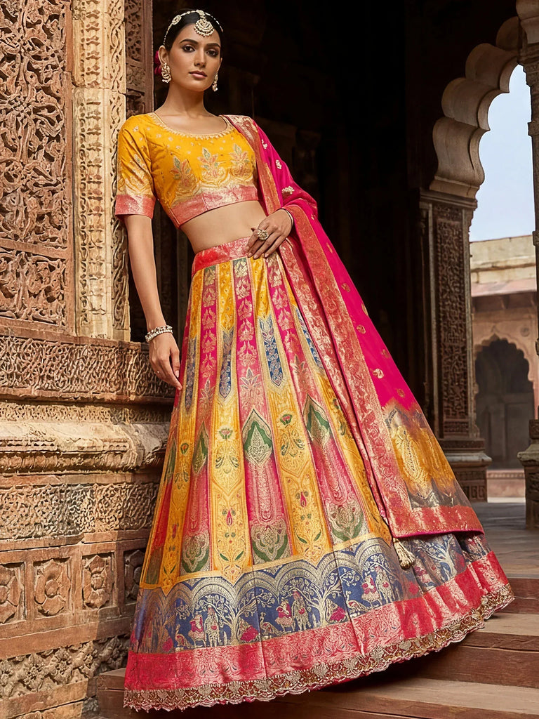 Majestic Multi Colour Zari Weaving Silk Sangeet Wear Lehenga Choli