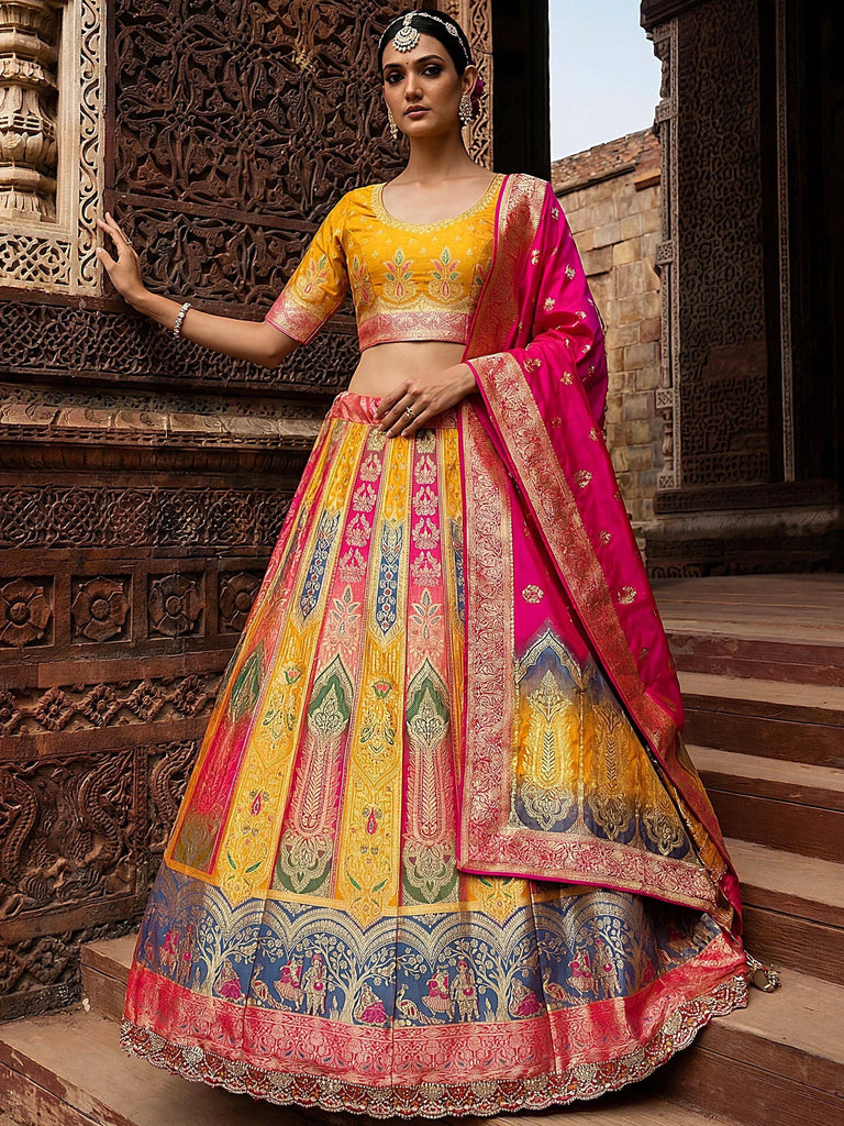 Majestic Multi Colour Zari Weaving Silk Sangeet Wear Lehenga Choli