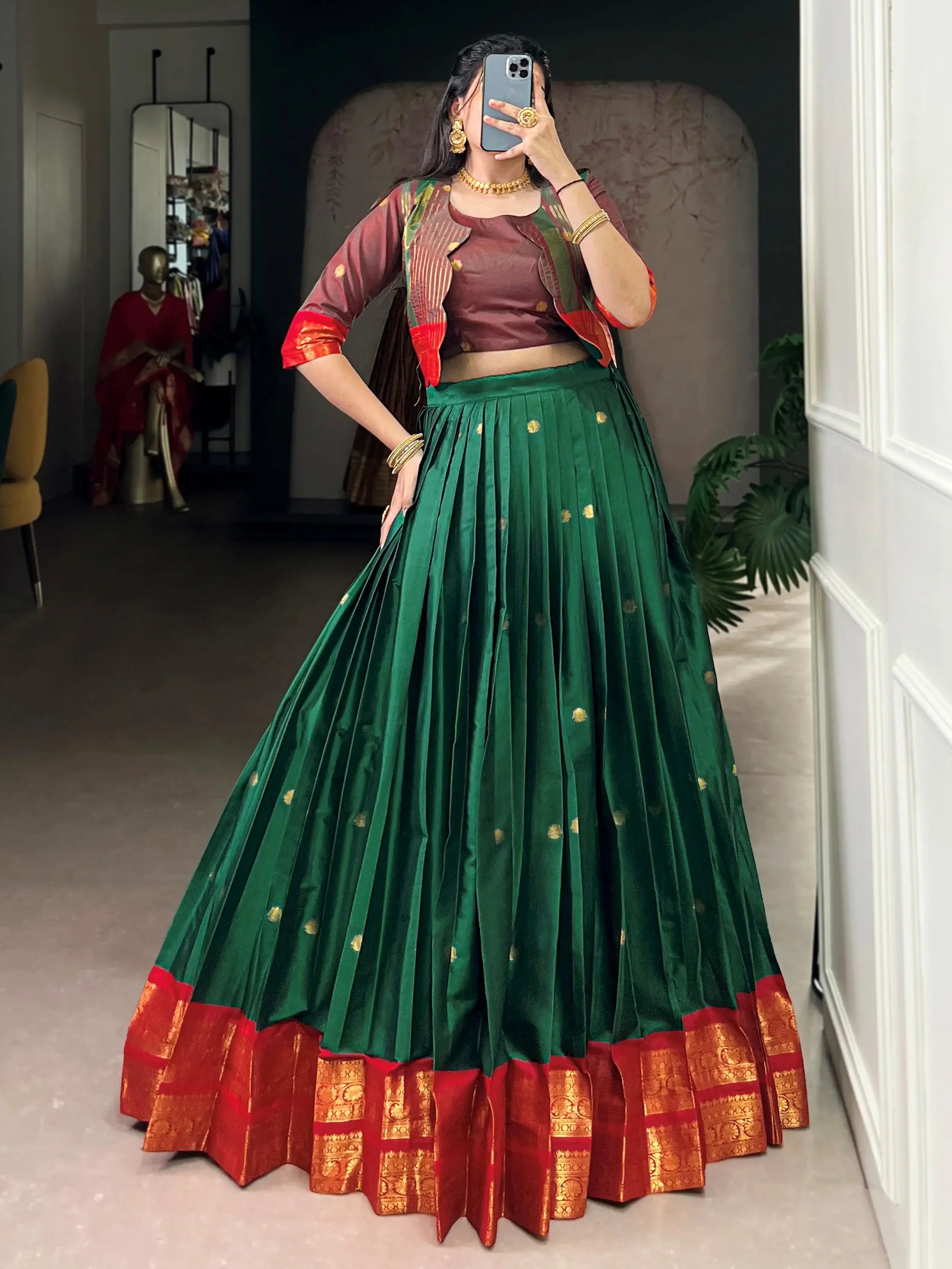 Amazing Green Zari Weaving Cotton Wedding Wear Lehenga Choli With Koti