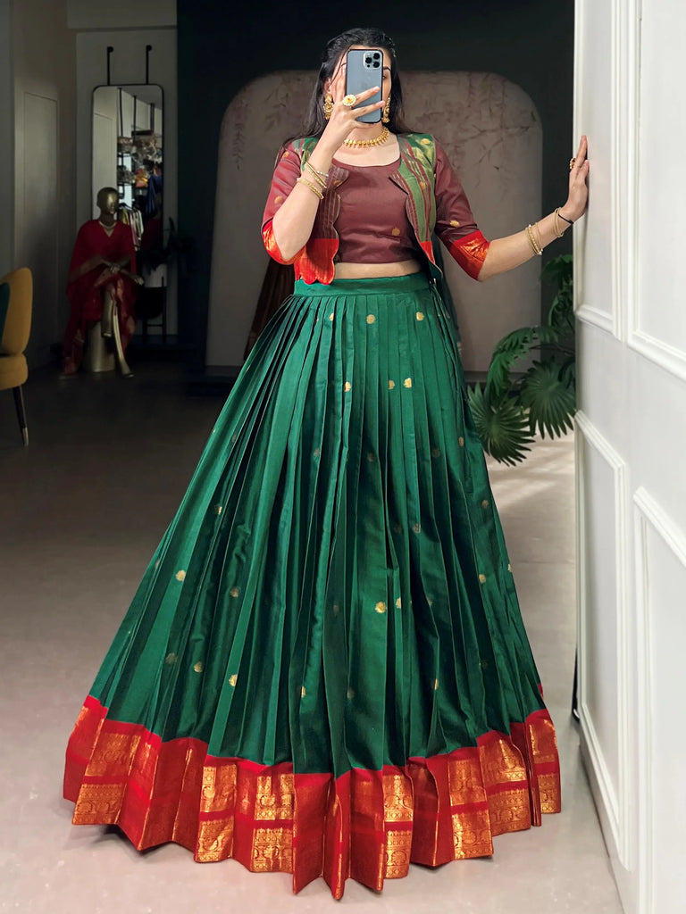 Amazing Green Zari Weaving Cotton Wedding Wear Lehenga Choli With Koti