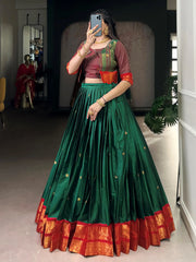 Amazing Green Zari Weaving Cotton Wedding Wear Lehenga Choli With Koti