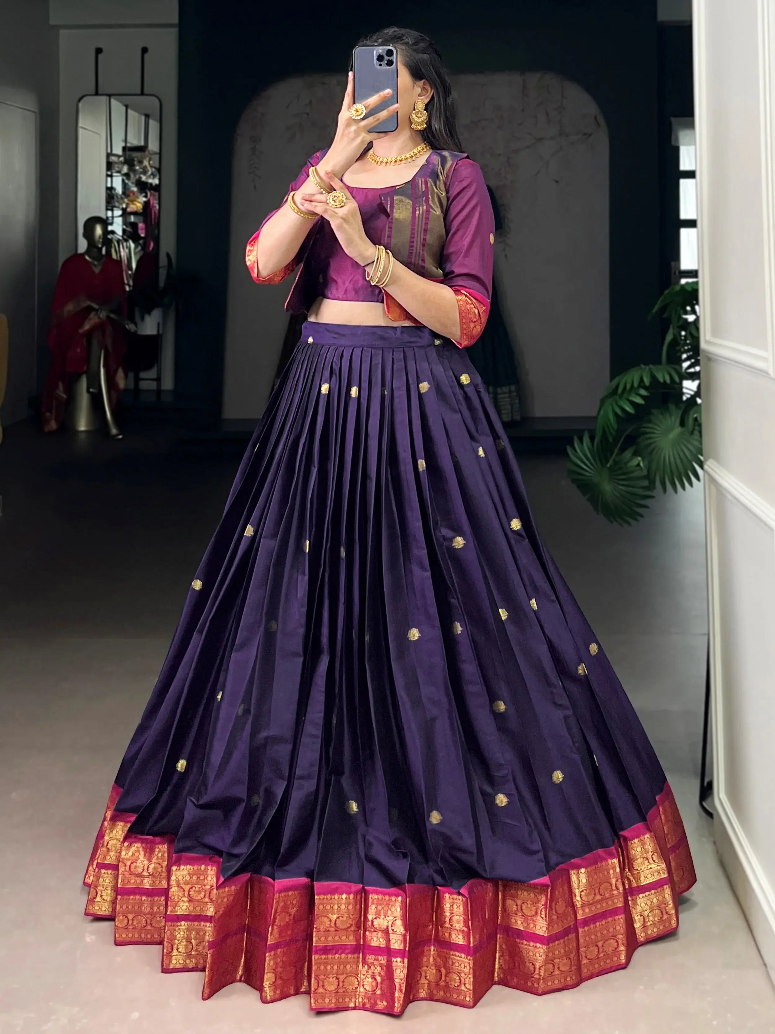 Pretty Purple Zari Weaving Cotton Festive Wear Lehenga Choli With Koti