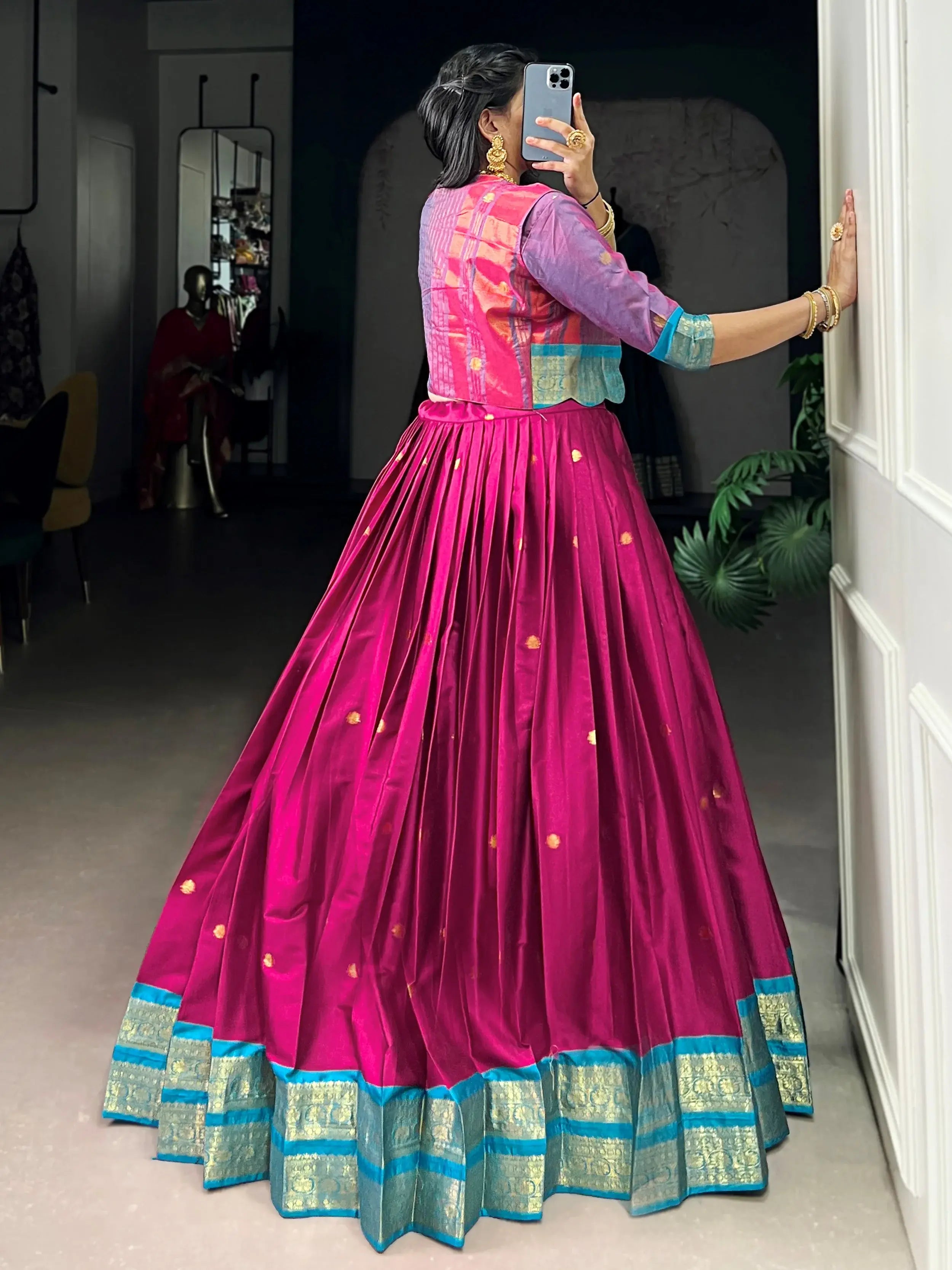 Alluring Pink Zari Weaving Cotton Festive Wear Lehenga Choli With Koti