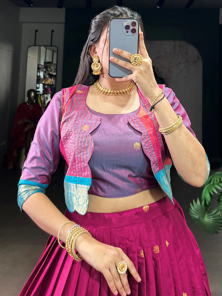 Alluring Pink Zari Weaving Cotton Festive Wear Lehenga Choli With Koti