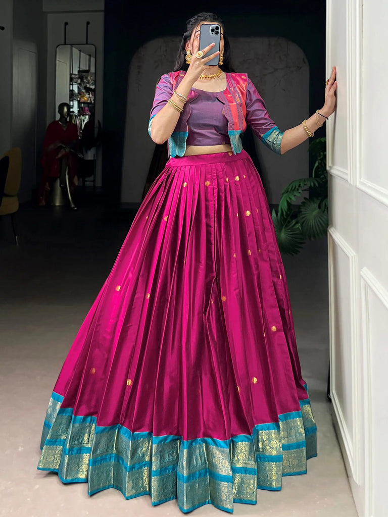 Alluring Pink Zari Weaving Cotton Festive Wear Lehenga Choli With Koti