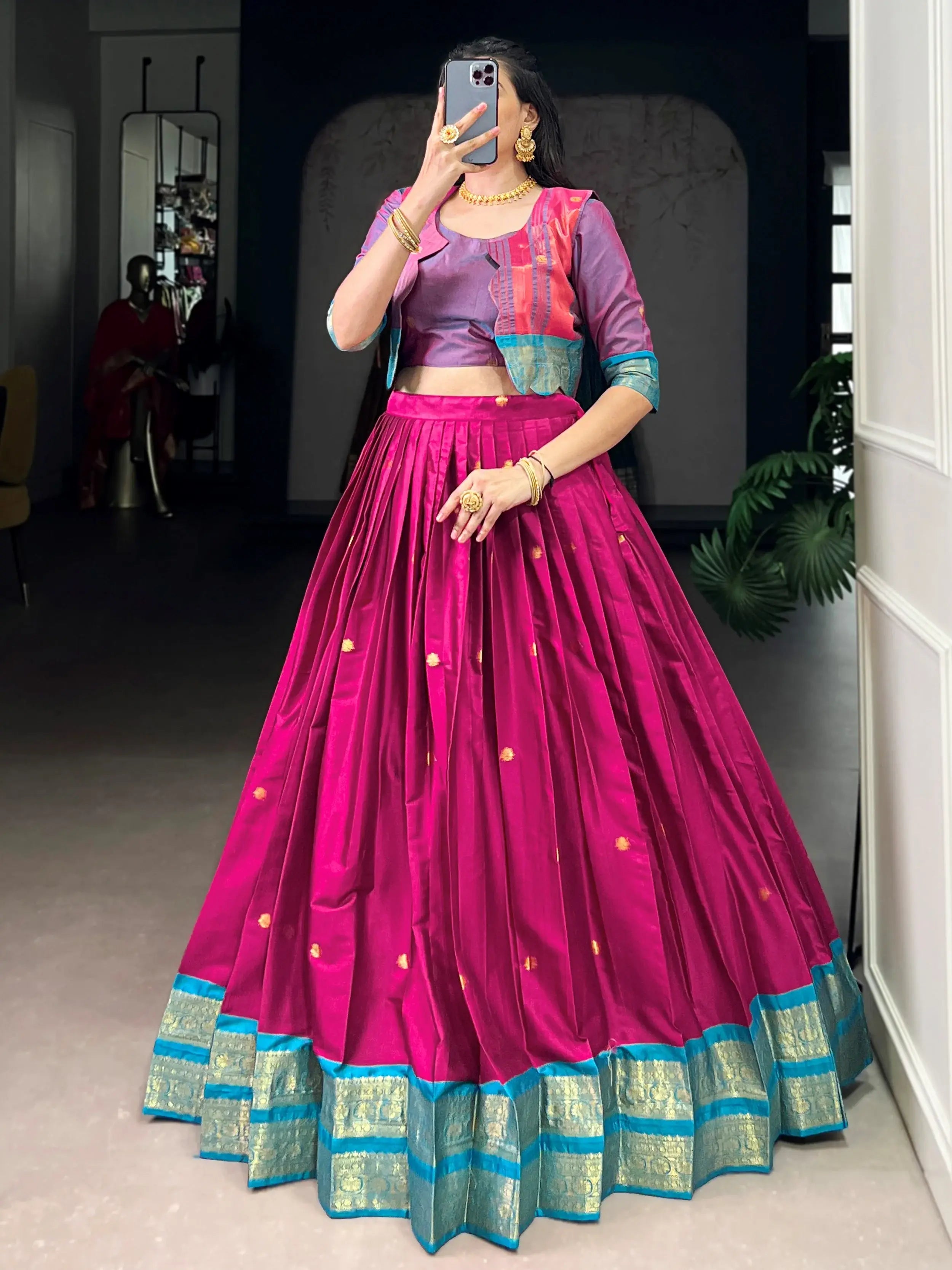 Alluring Pink Zari Weaving Cotton Festive Wear Lehenga Choli With Koti