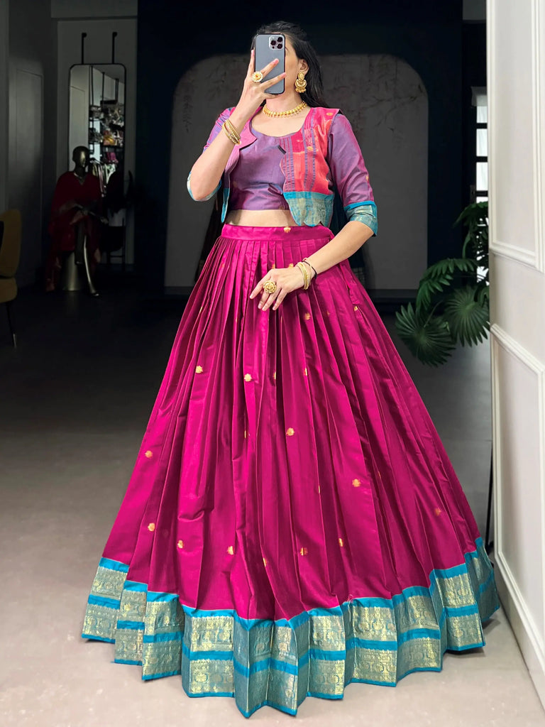 Alluring Pink Zari Weaving Cotton Festive Wear Lehenga Choli With Koti