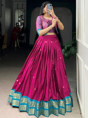 Alluring Pink Zari Weaving Cotton Festive Wear Lehenga Choli With Koti