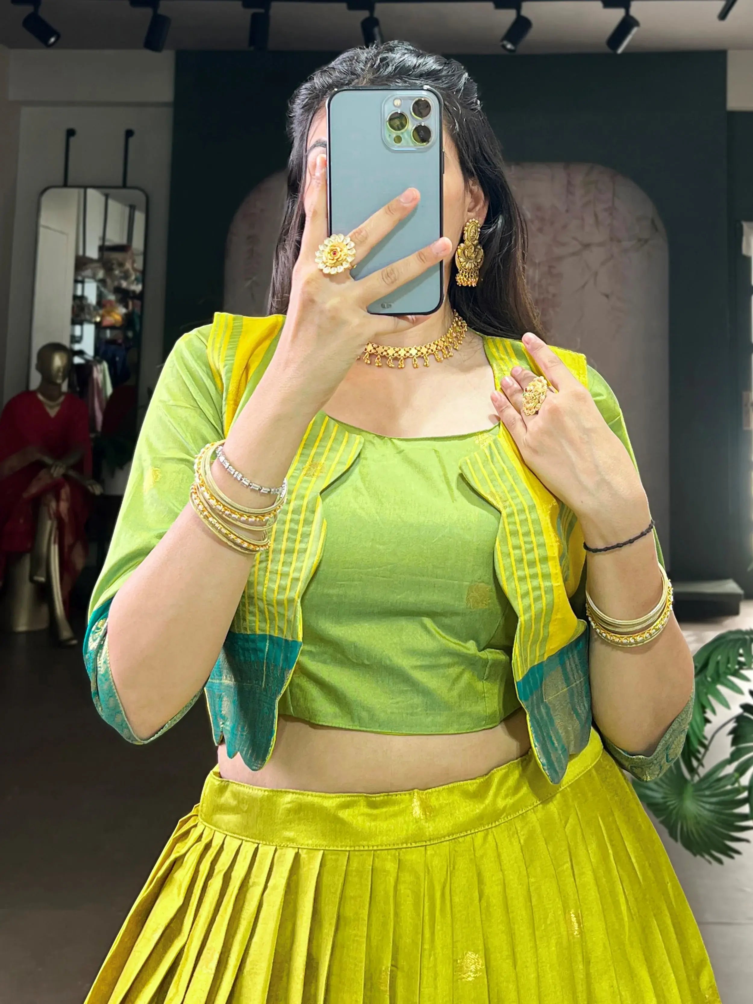 Lovely Green Zari Weaving Cotton Festive Wear Lehenga Choli With Koti