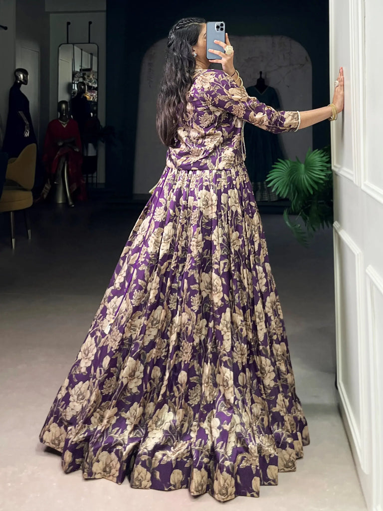Pretty Purple Floral Printed Silk Wedding Wear Lehenga Choli With Koti