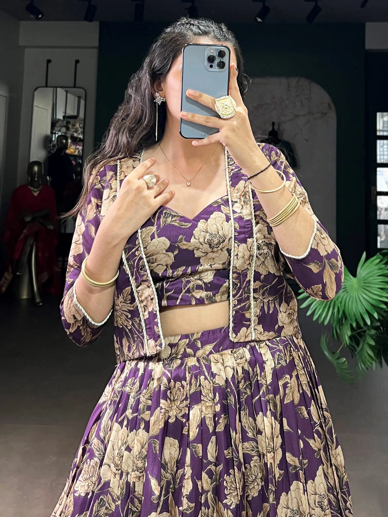 Pretty Purple Floral Printed Silk Wedding Wear Lehenga Choli With Koti