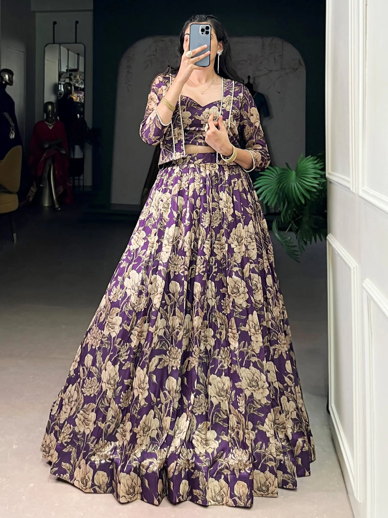 Pretty Purple Floral Printed Silk Wedding Wear Lehenga Choli With Koti