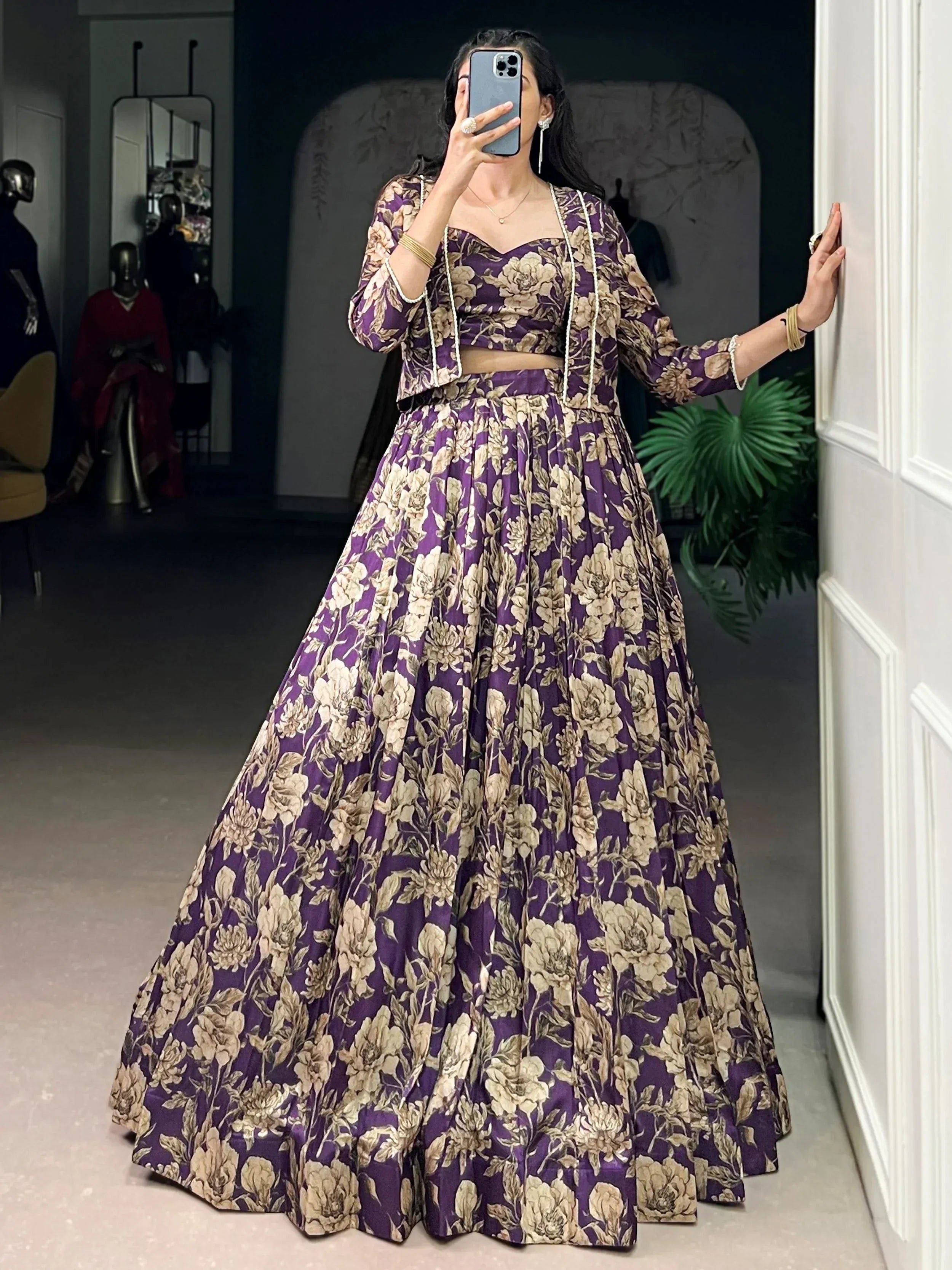 Pretty Purple Floral Printed Silk Wedding Wear Lehenga Choli With Koti