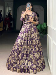 Pretty Purple Floral Printed Silk Wedding Wear Lehenga Choli With Koti