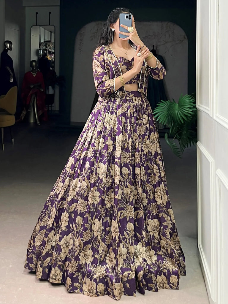 Pretty Purple Floral Printed Silk Wedding Wear Lehenga Choli With Koti