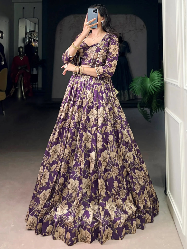 Pretty Purple Floral Printed Silk Wedding Wear Lehenga Choli With Koti