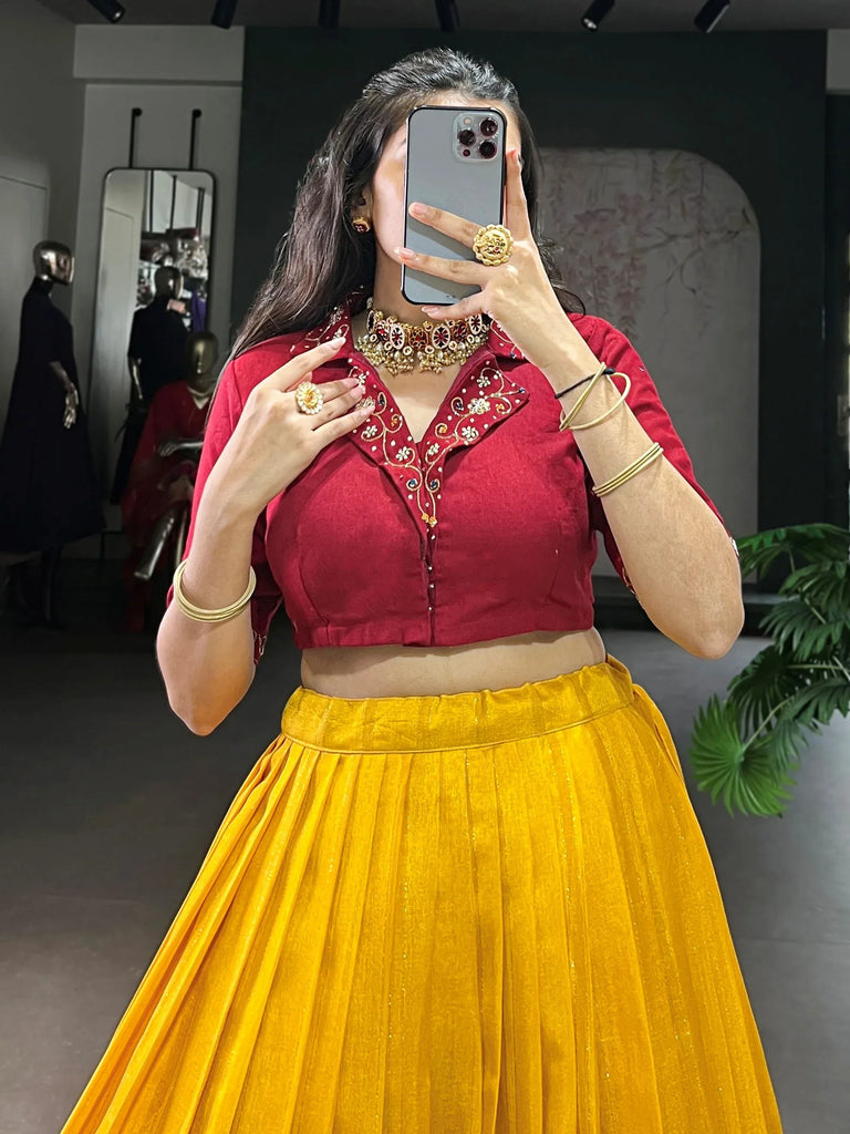 Glamorous Mustard Zari Weaving Cotton Wedding Wear Crop Top Lehenga