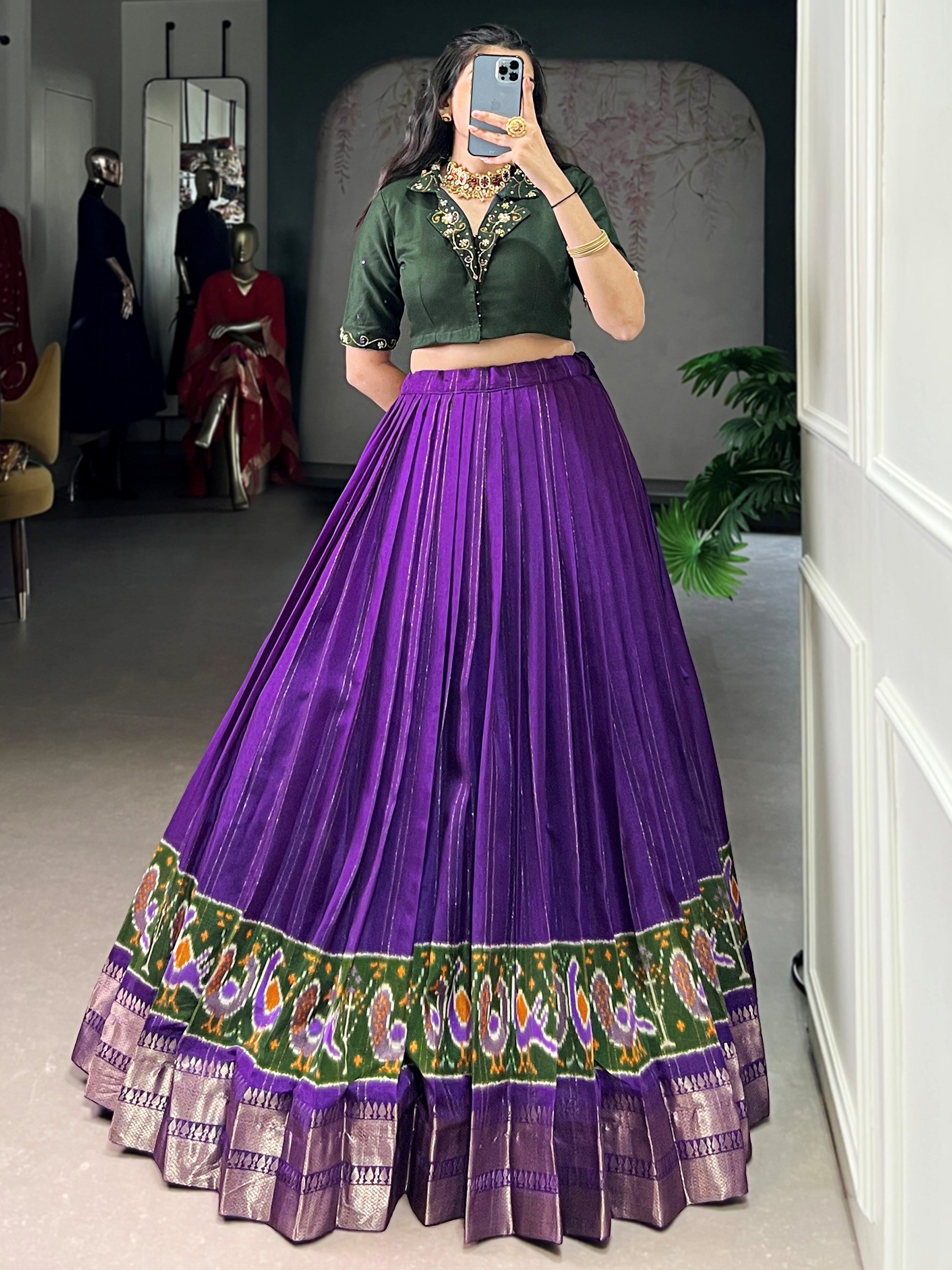 Magnificent Purple Printed Cotton Festival Wear Crop Top Lehenga