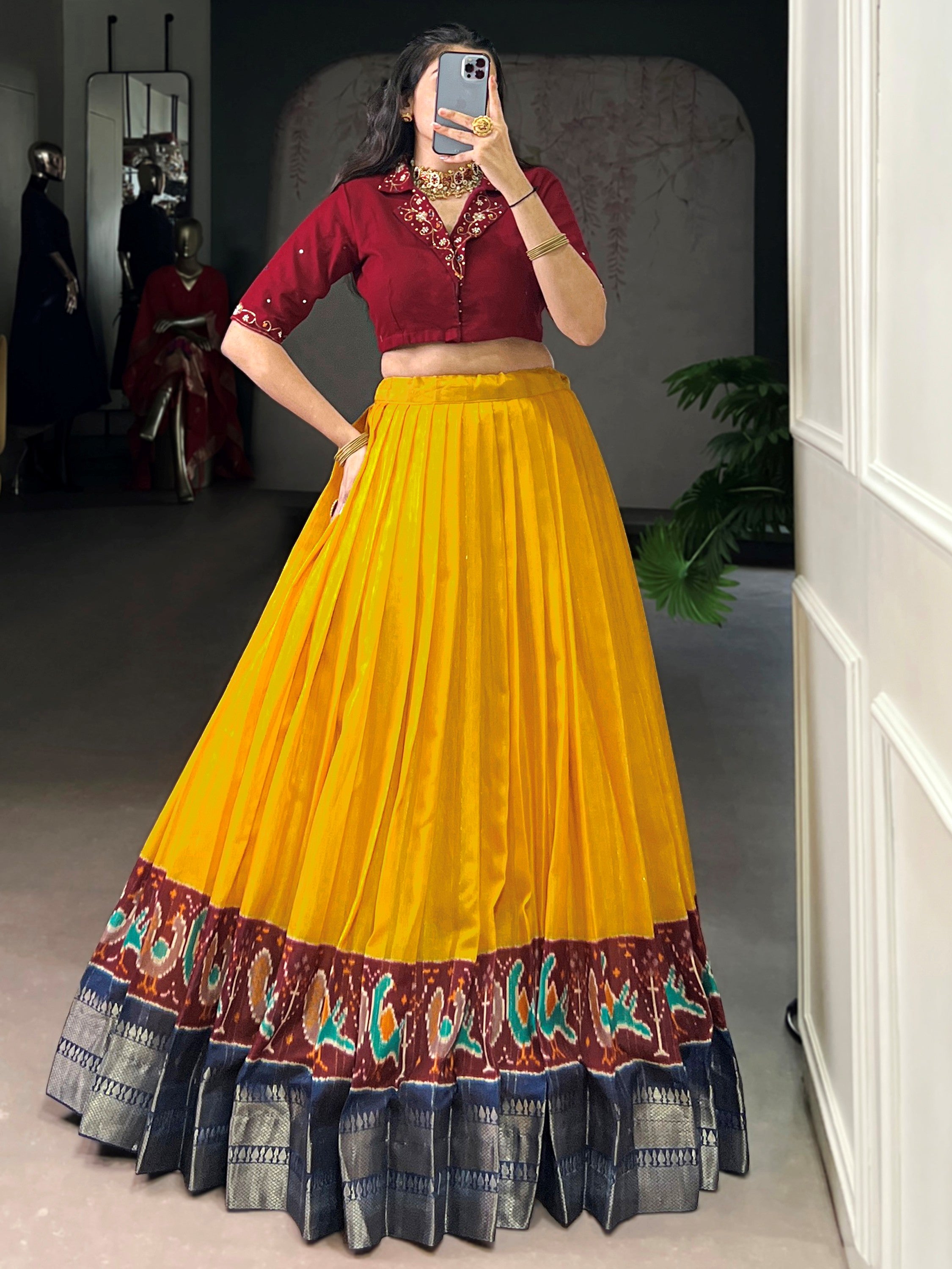 Glamorous Mustard Zari Weaving Cotton Festival Wear Crop Top Lehenga