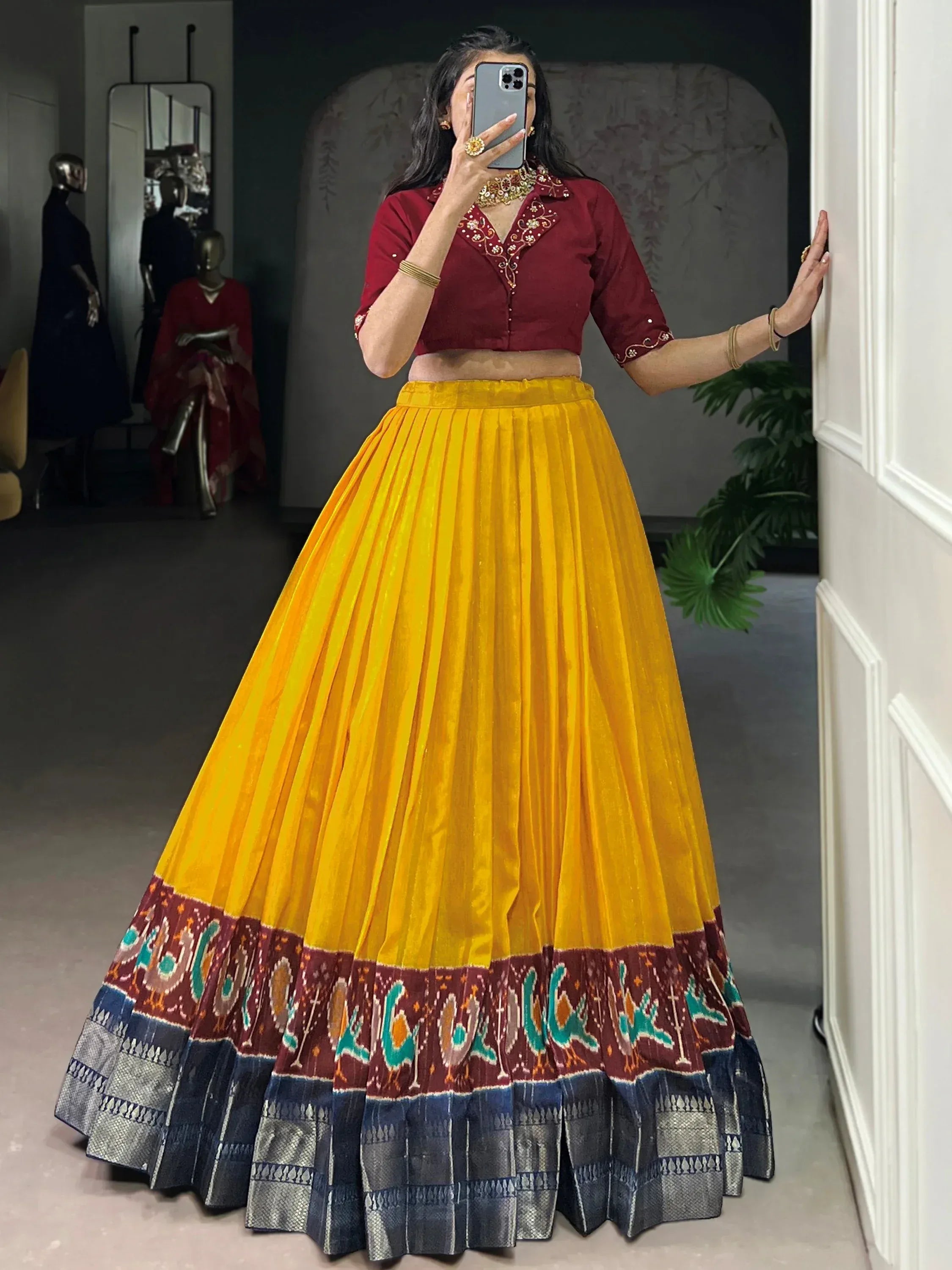 Glamorous Mustard Zari Weaving Cotton Wedding Wear Crop Top Lehenga