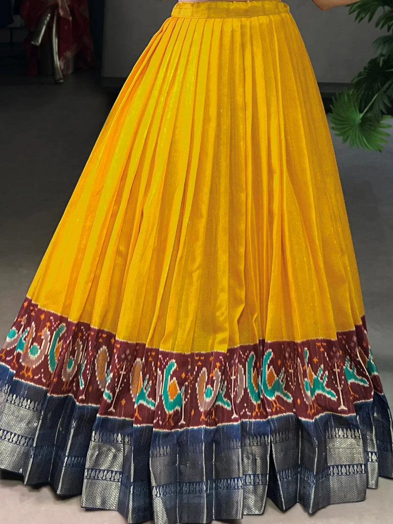 Glamorous Mustard Zari Weaving Cotton Wedding Wear Crop Top Lehenga